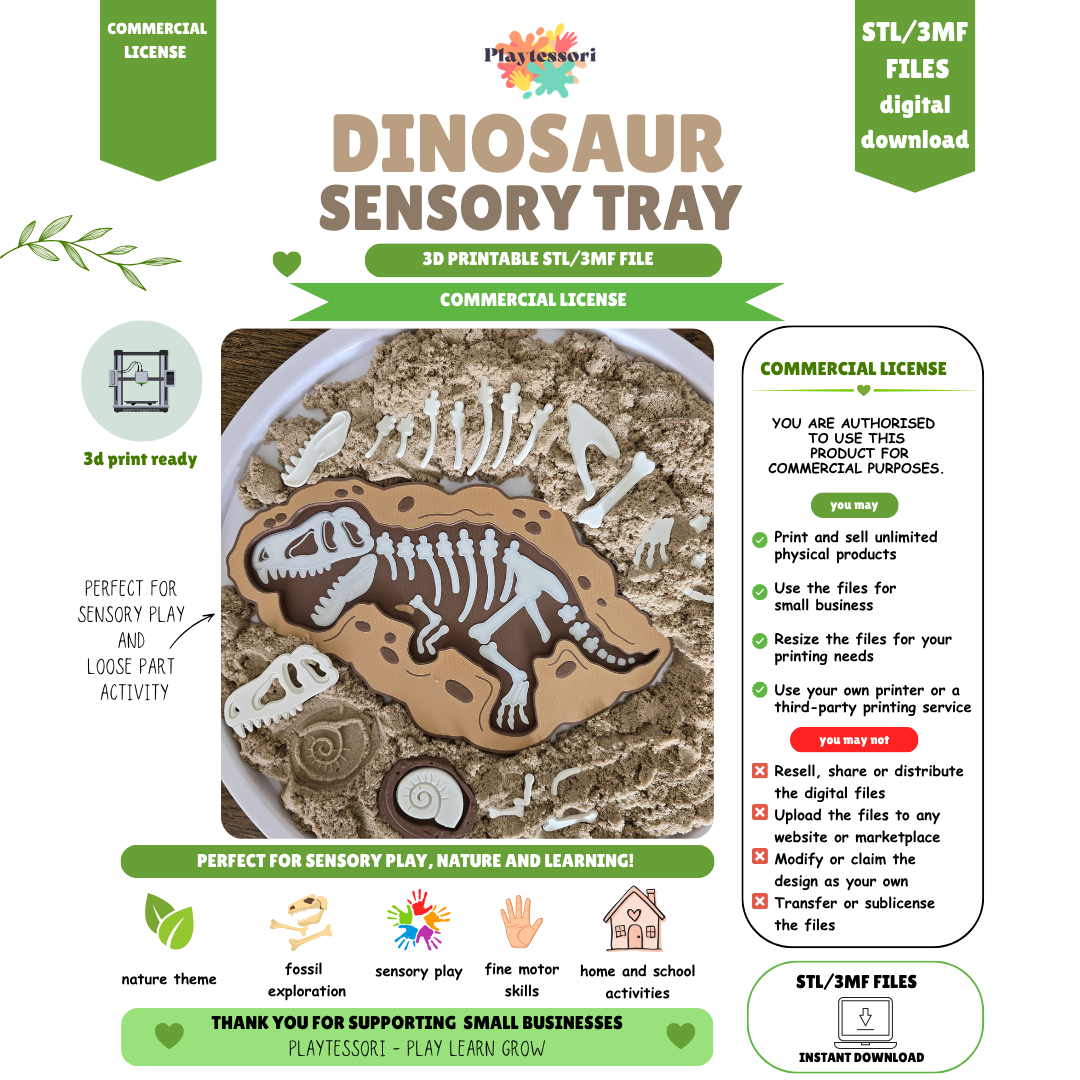 Dinosaur fossil sensory tray STL 3MF file with commercial license, T-Rex skeleton Montessori sorting toy