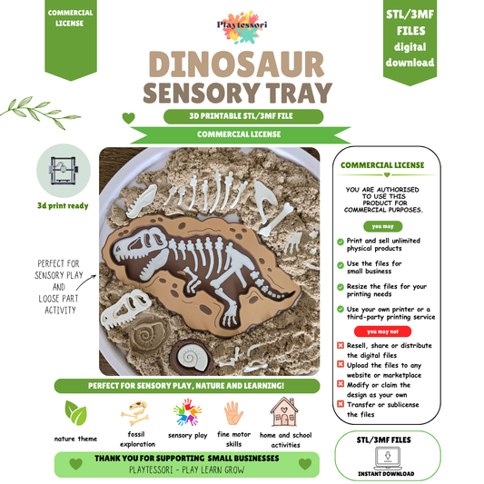 Dinosaur fossil sensory tray STL 3MF file with commercial license, T-Rex skeleton Montessori sorting toy