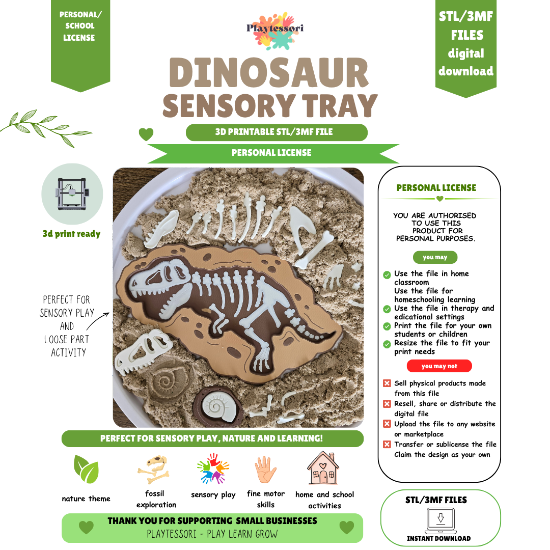 Dinosaur fossil sensory tray STL file with personal school license, T-Rex skeleton digital download