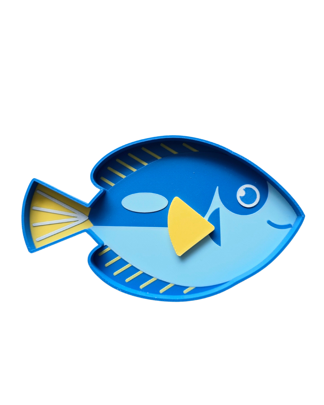 Blue tang fish sensory tray in deep blue and yellow bio-PLA with light blue belly detail and white eye, 20x11cm, CE certified — Playtessori Montessori ocean sensory play tray for toddlers