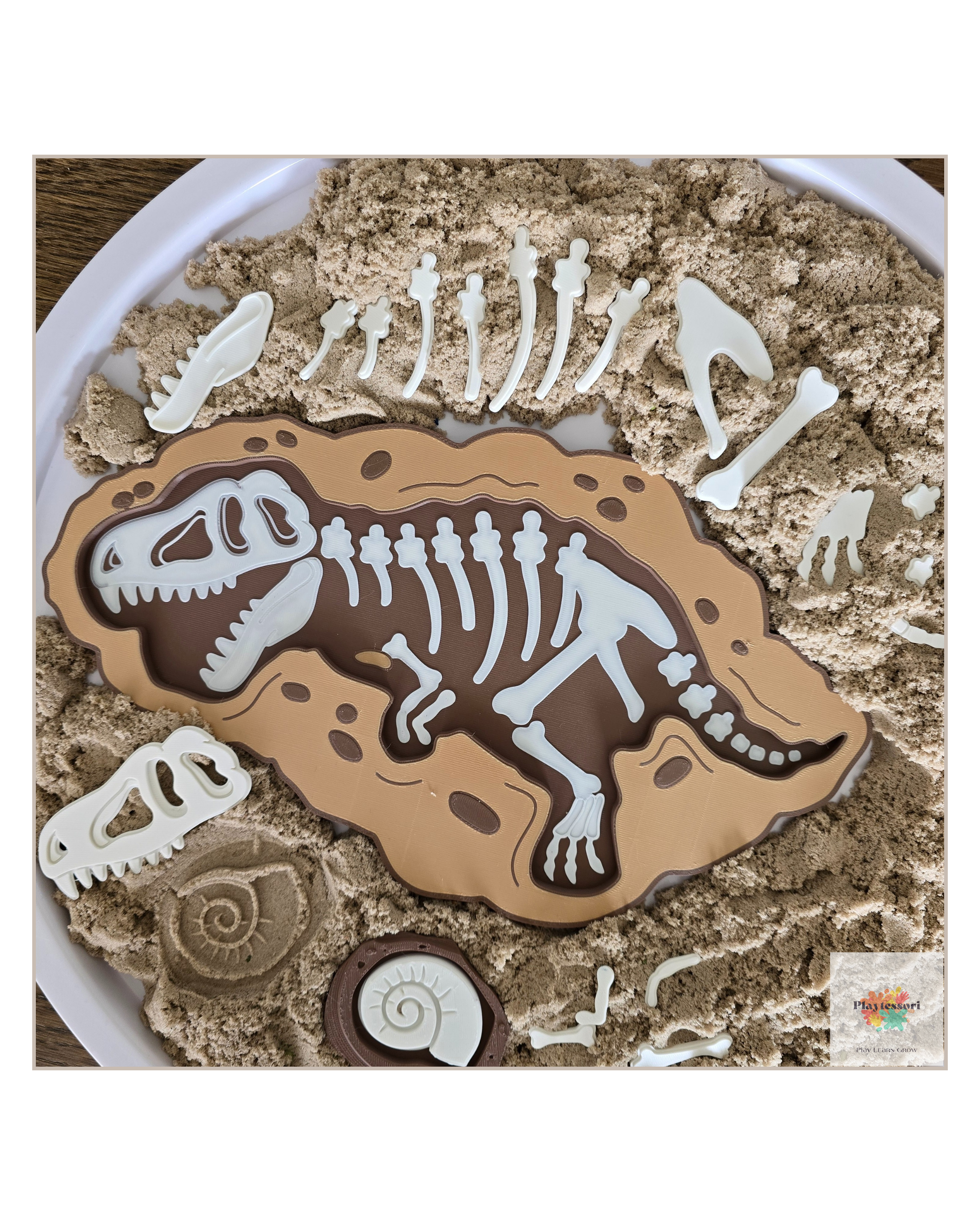 3D printed dinosaur fossil dig tray made from bio PLA for Montessori sensory play