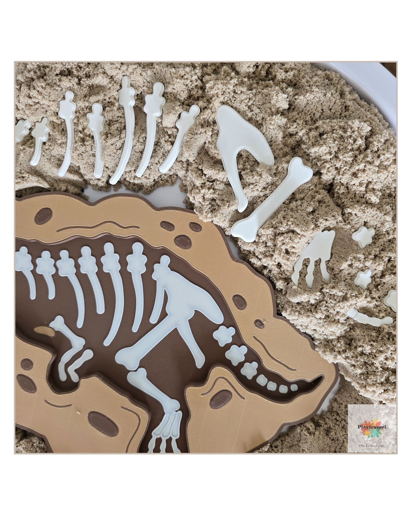 Child matching fossil pieces to imprints in Montessori-inspired sensory tray