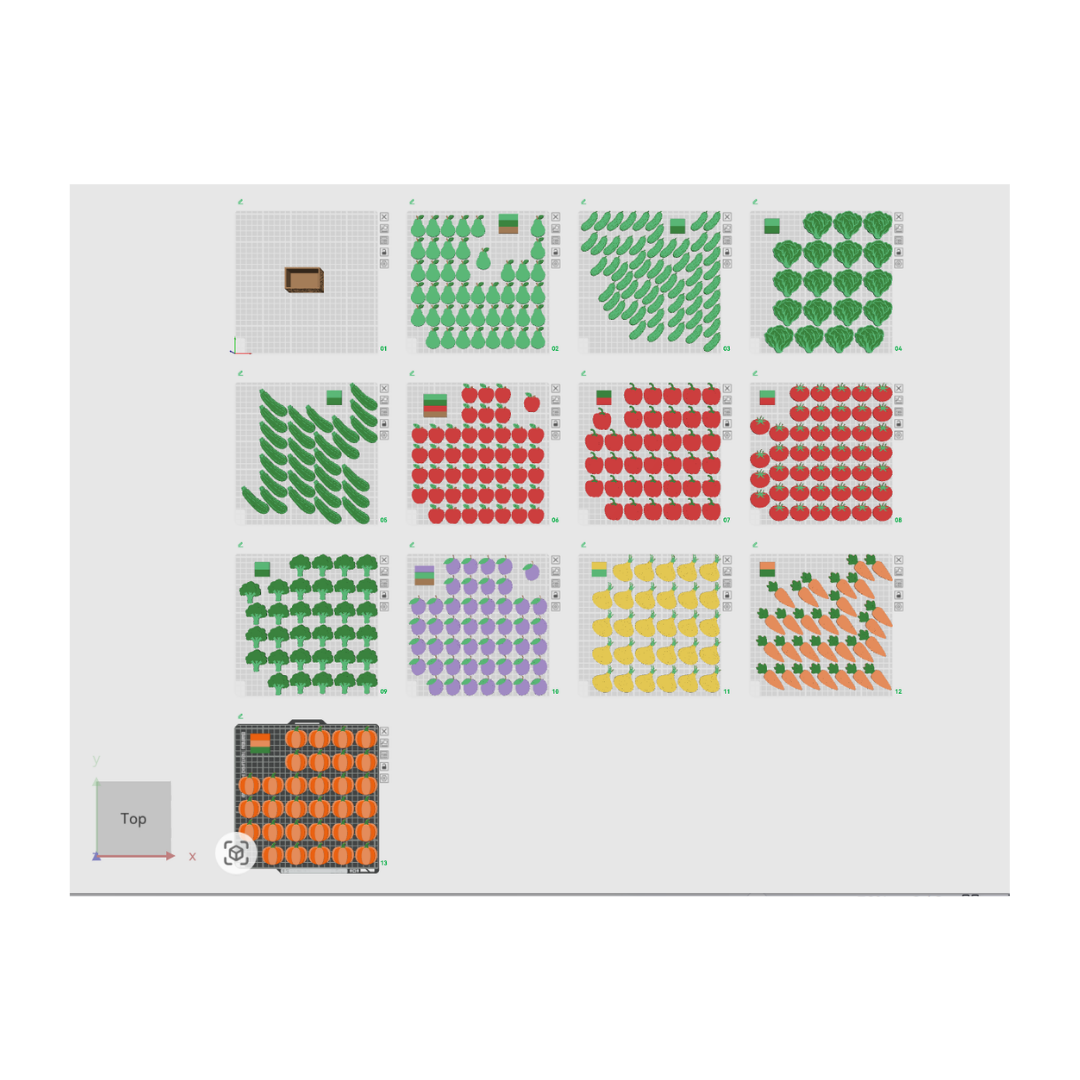Garden box STL file print plates, crate and assorted fruit vegetable batch printing layout