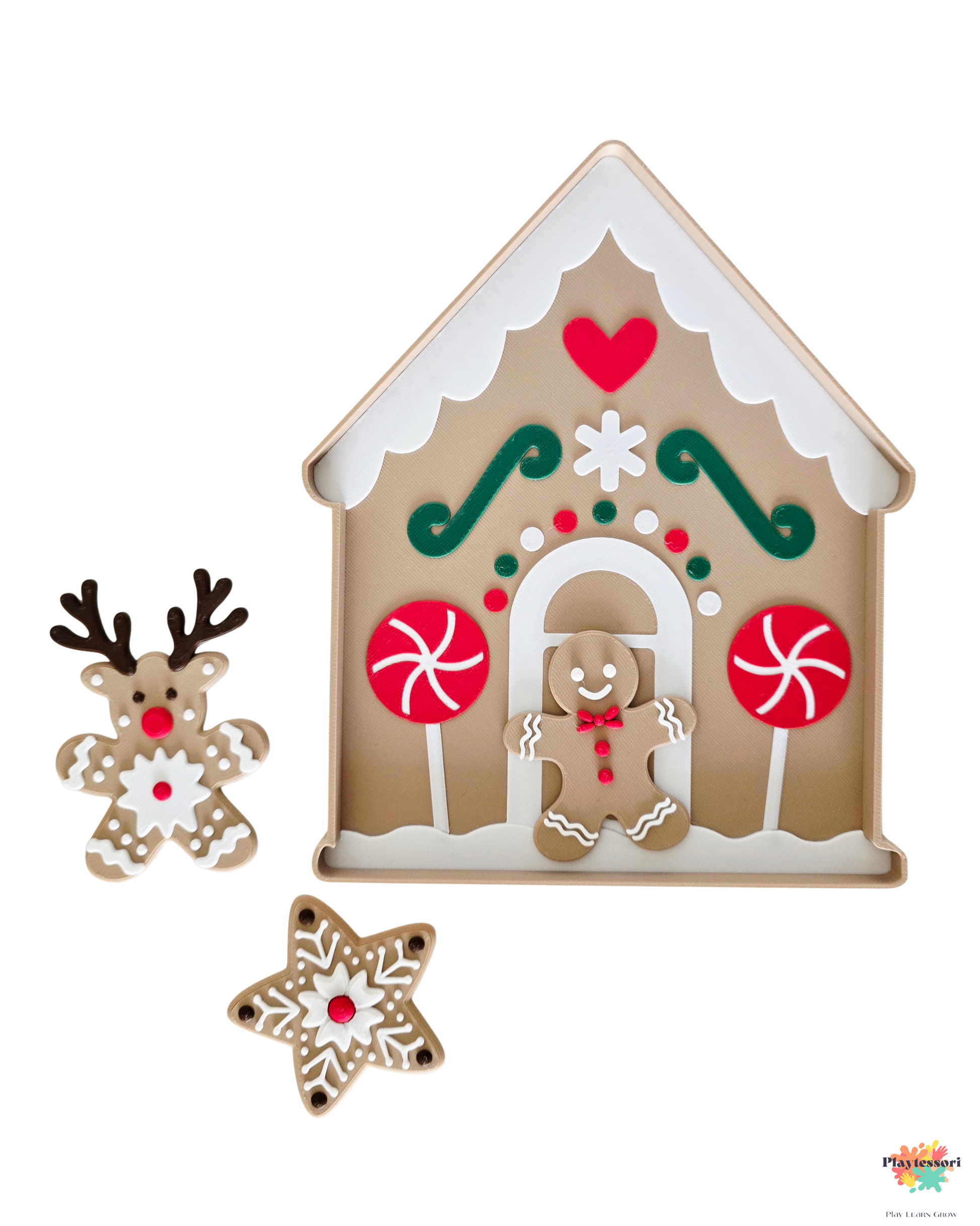 Świąteczna wysypywanka sensoryczna Piernikowy Domek z trzema piernikowymi ciasteczkami, zestaw 3D drukowany do zabaw Montessori.