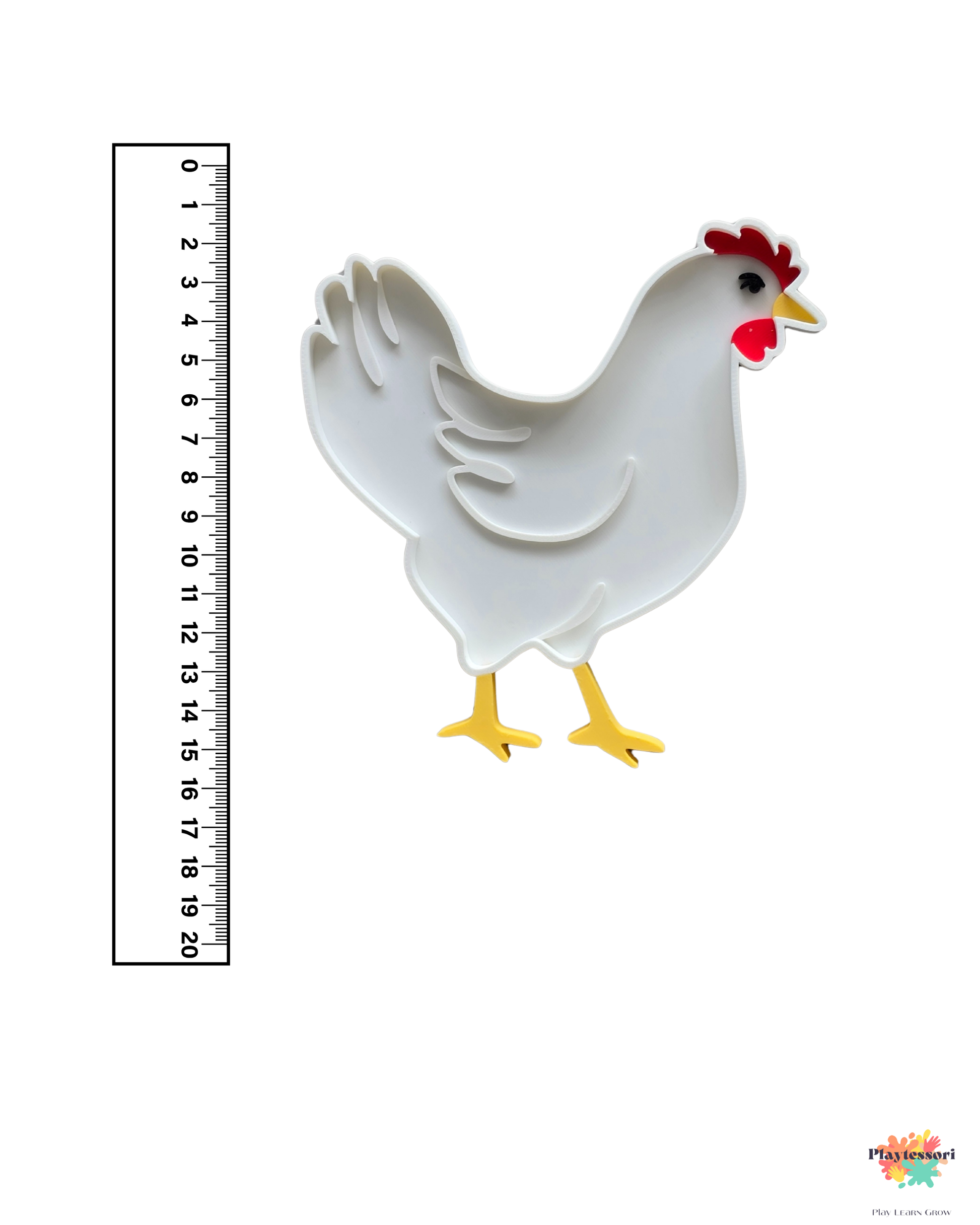 White 3D printed hen sensory play tray by PlayTessori shown next to a ruler, approximately 17–18 cm tall, made from eco-friendly PLA for toddler sensory activities