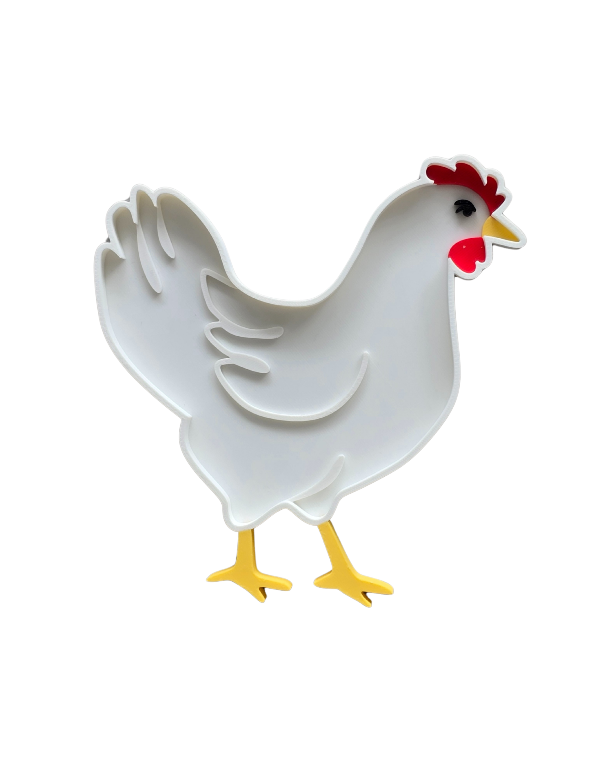 White 3D printed hen sensory play tray by PlayTessori with red comb, yellow beak and legs, designed for Montessori farm-themed sensory play