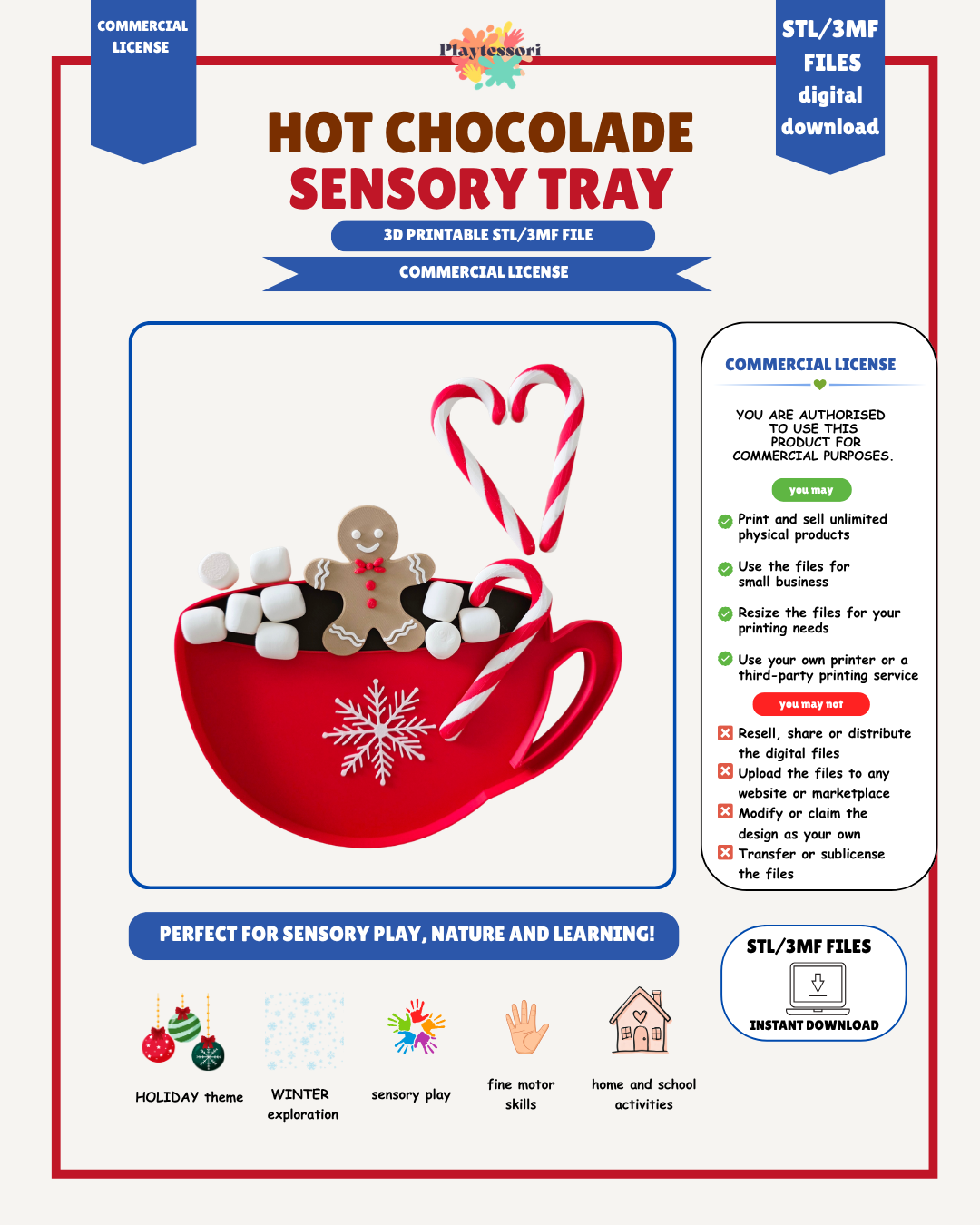 Hot chocolate sensory tray STL commercial license terms