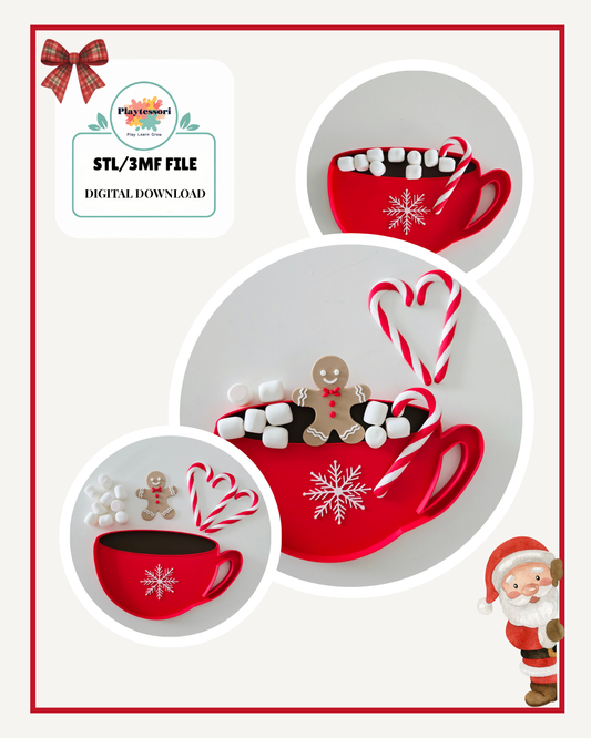 Hot chocolate sensory tray STL, 3D printed red cup tray with marshmallows, gingerbread man and candy canes