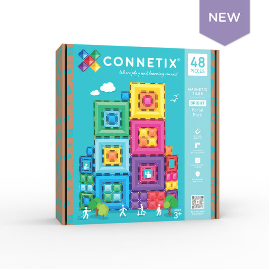 Connetix magnetic tiles packaging with colorful blocks on a white background