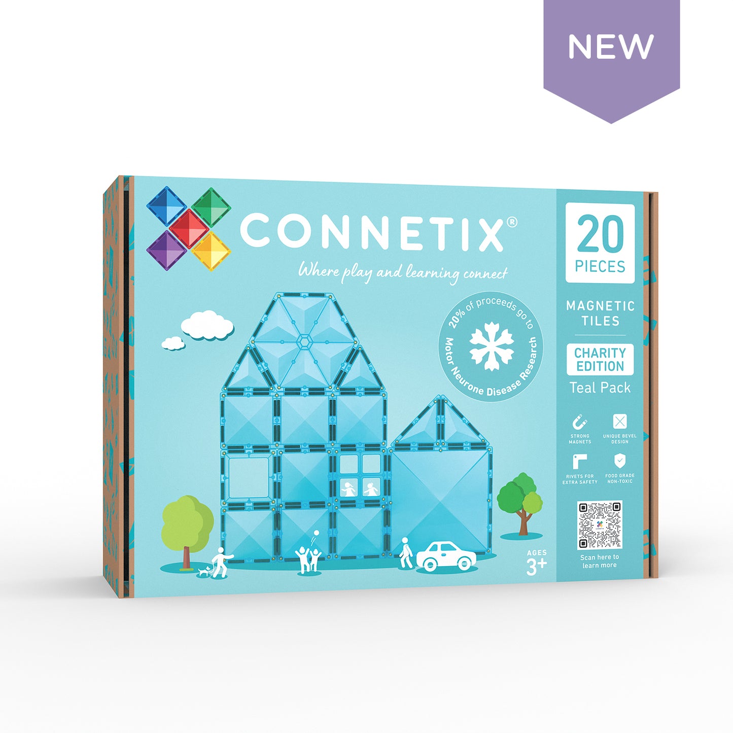Connetix magnetic tiles packaging with blue house design on a white background
