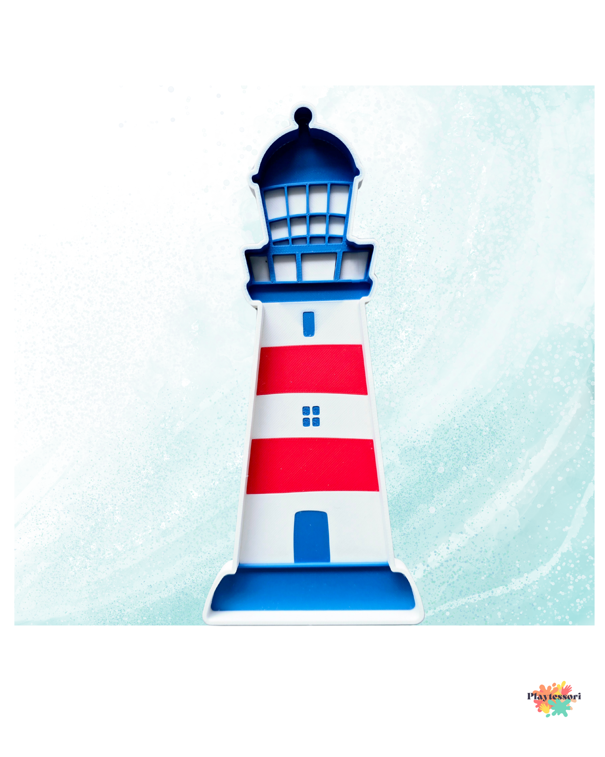 Lighthouse-shaped sensory tray made from eco-friendly bio-PLA, designed for Montessori-inspired ocean-themed sensory play.