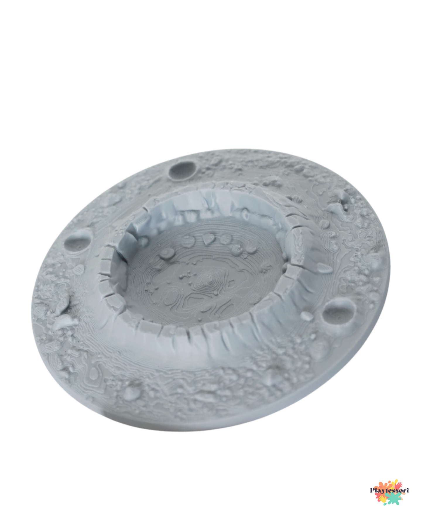 3D printed moon sensory play tray with detailed crater texture, designed for playdough and space-themed sensory activities.