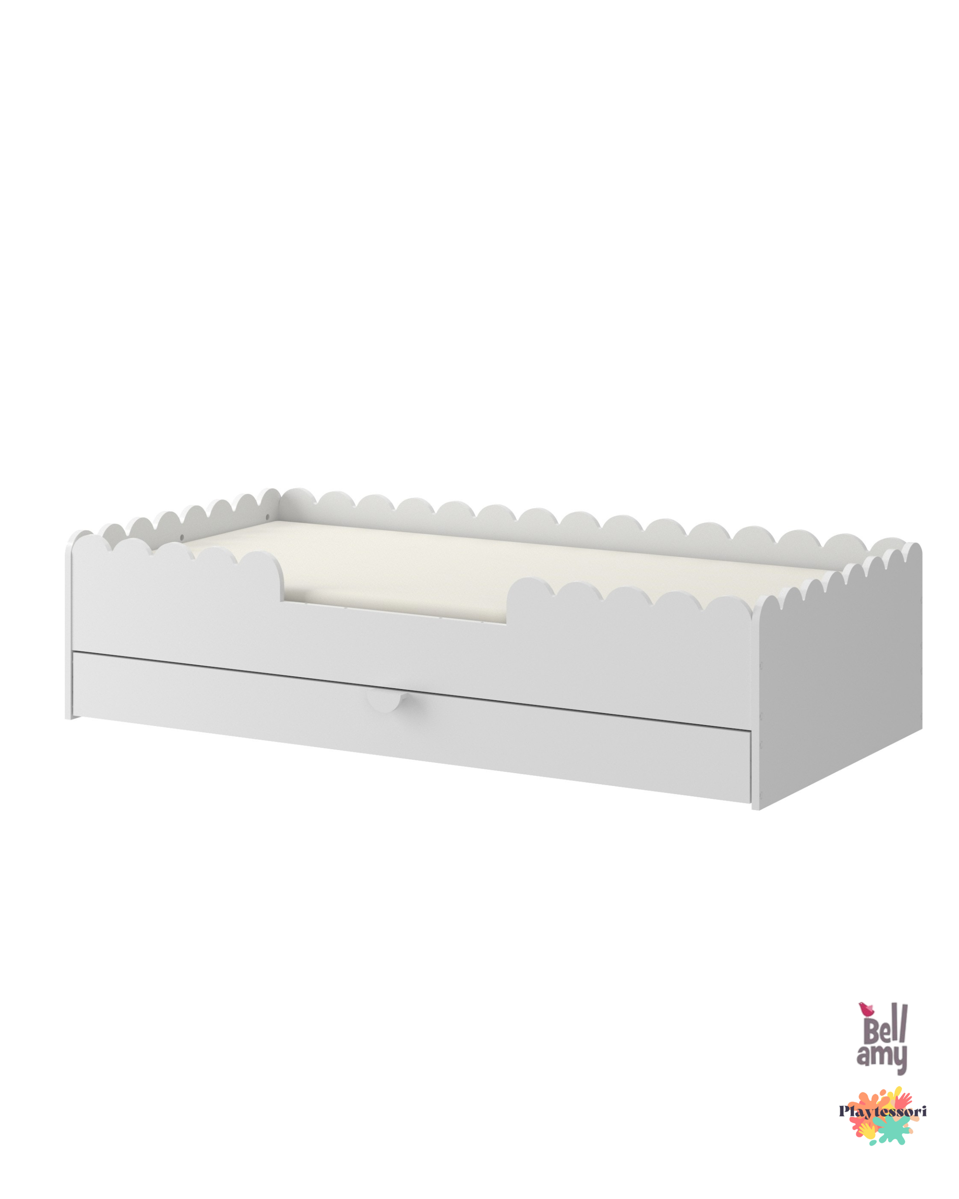 Montessori children’s bed 80x160 with drawer and protective barriers from the Book Nook collection in neutral interior setting