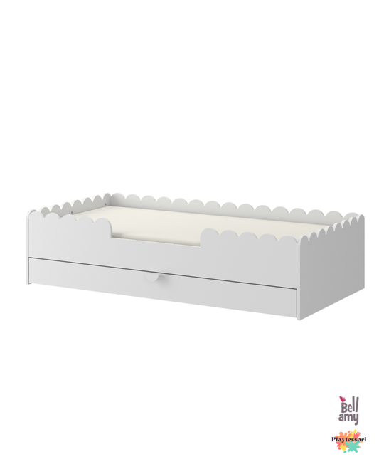 Montessori children’s bed 80x160 with drawer and protective barriers from the Book Nook collection in neutral interior setting