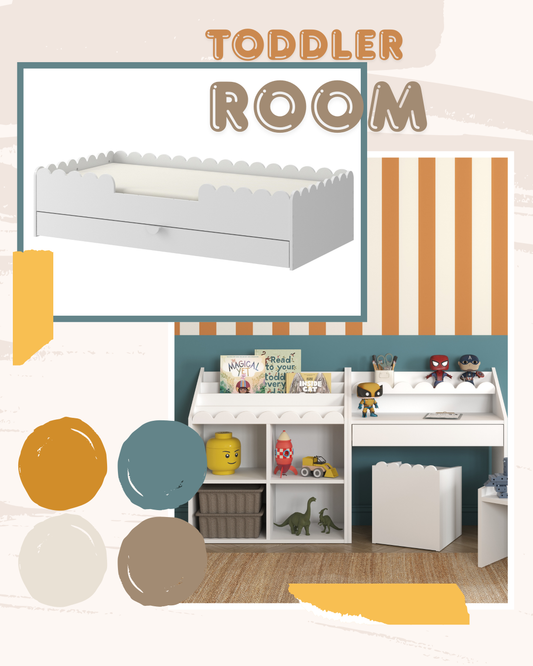 Montessori kids room set with desk, shelf, chair and low bed 80x160 in neutral Scandinavian interior