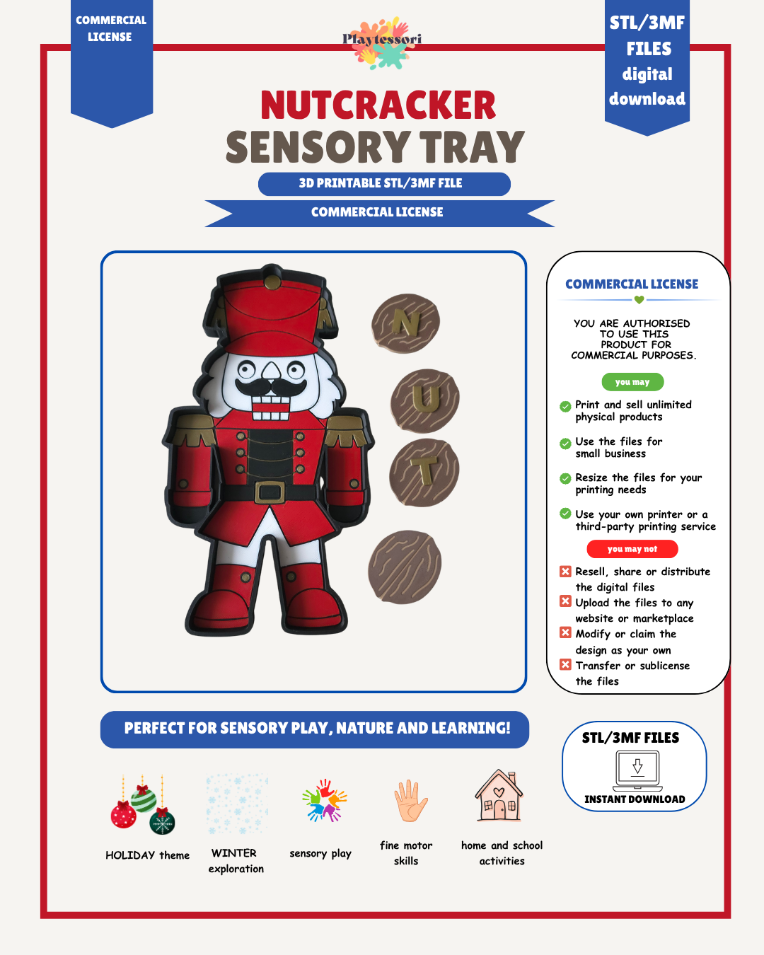 Nutcracker sensory tray STL commercial license terms