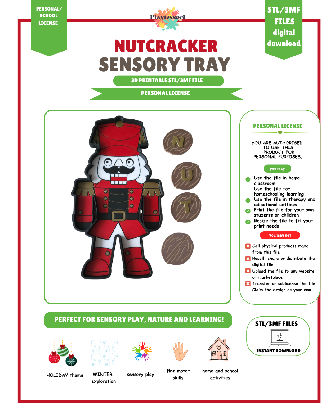 Nutcracker sensory tray STL personal license terms