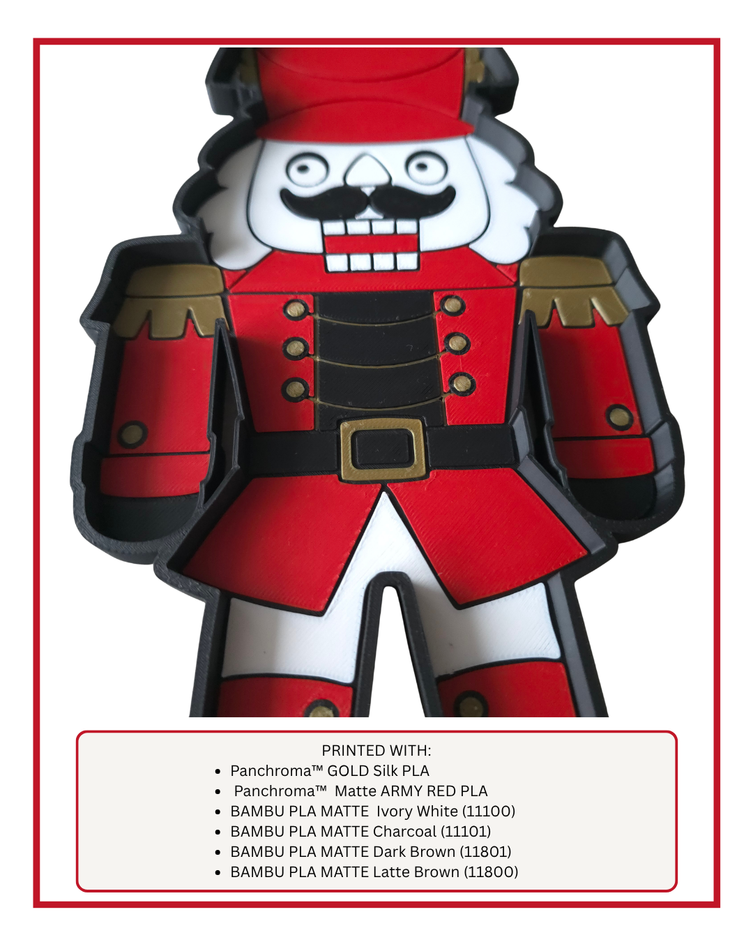 Close-up of the multicolor nutcracker print with the filament list