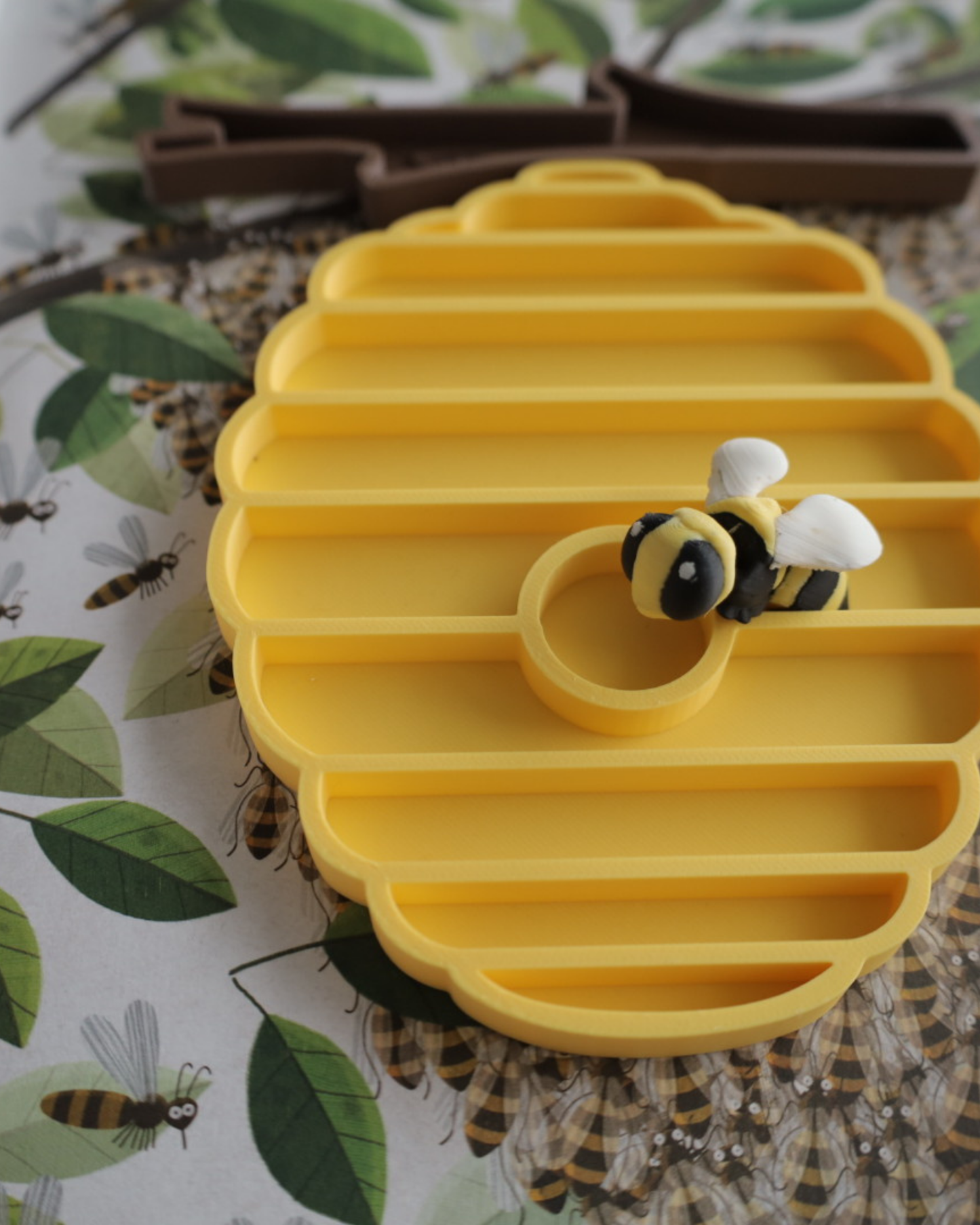 Bee themed sensory tray set with honeycomb cells for sorting and sensory exploration activity