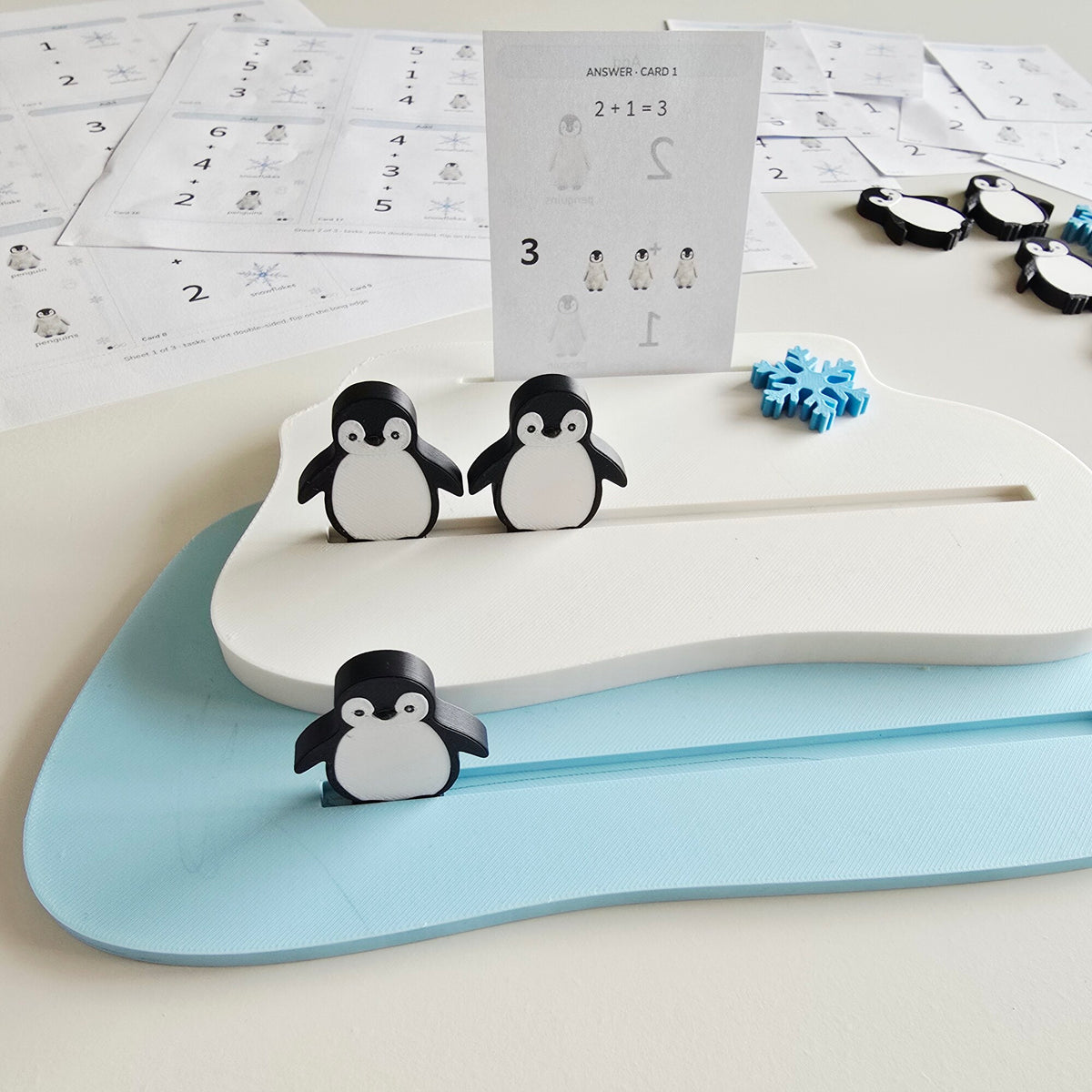 Answer card 2 + 1 = 3 behind the penguins on the ice floe
