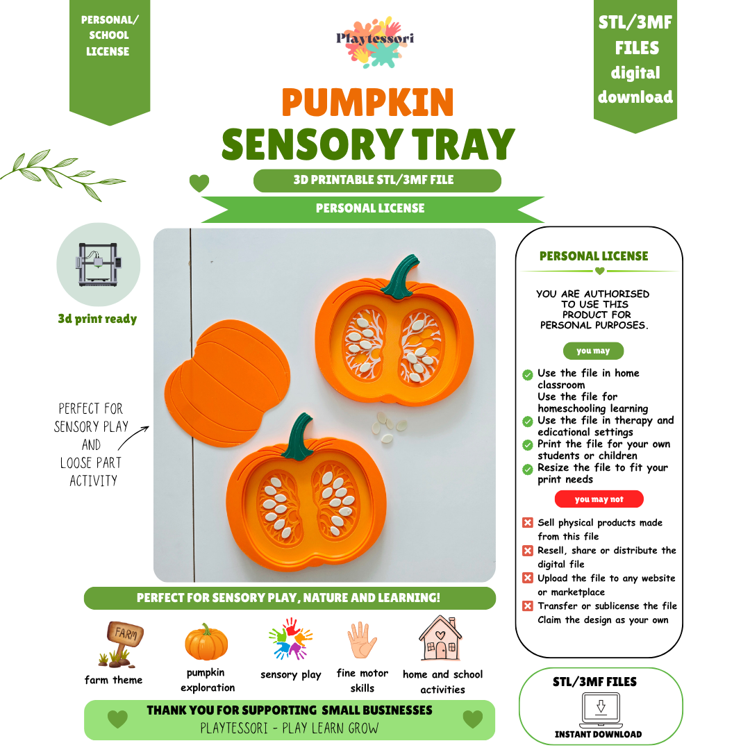 Pumpkin cross section sensory tray 3D printable STL 3MF file, seed vein pattern Montessori toy