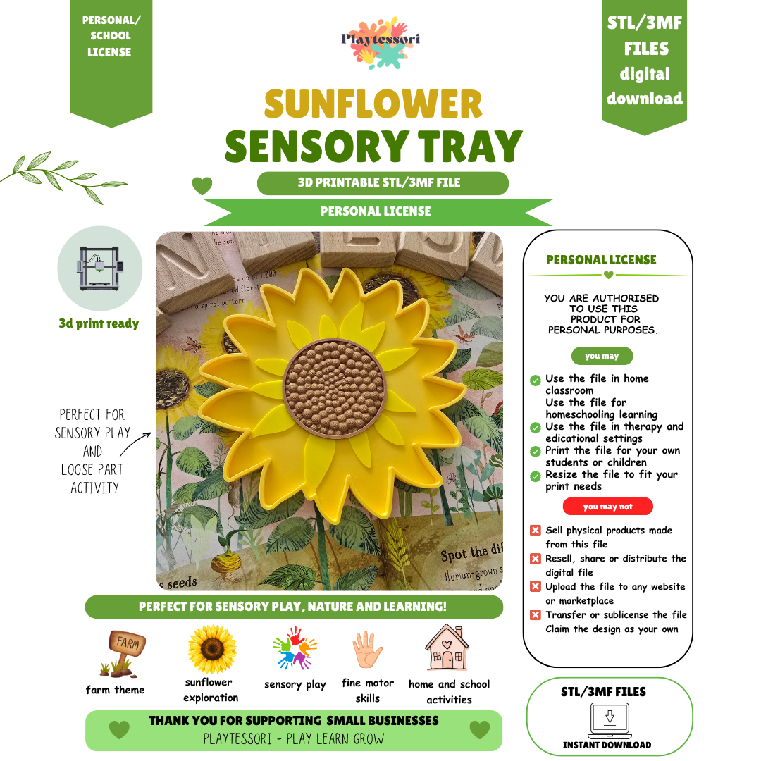 Sunflower sensory tray STL file with personal school license, farm garden digital download