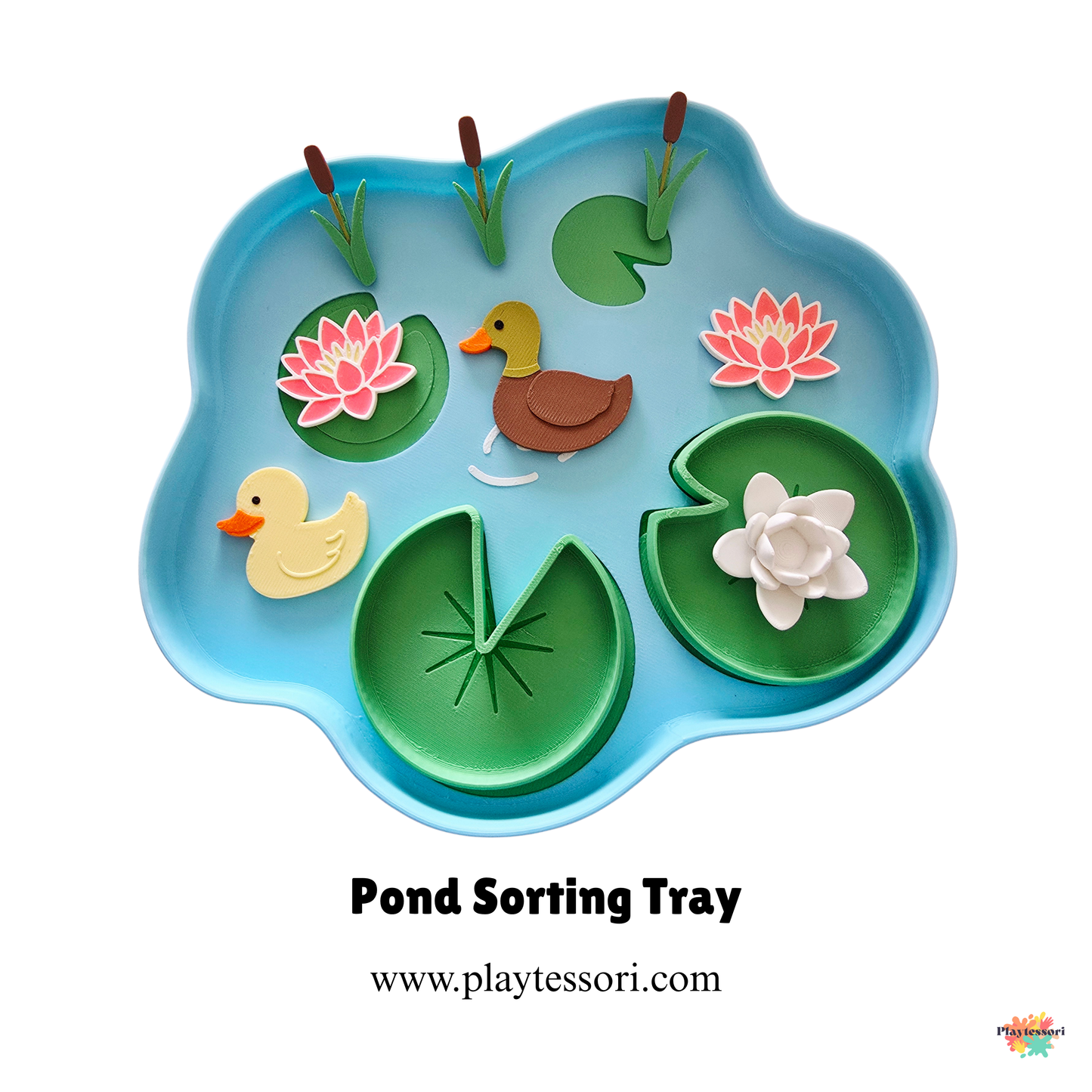 Pond sorting tray 3D printed Montessori toy with ducks, lily pads and lotus flowers