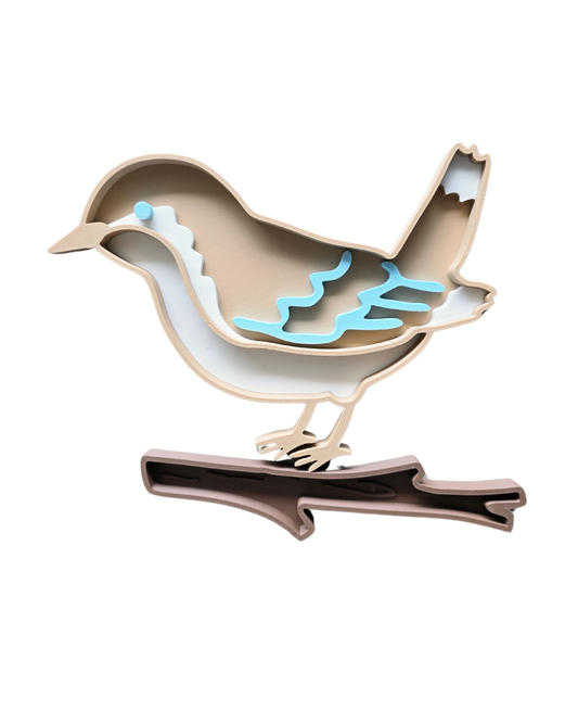 Sparrow sensory play tray with beige body white chest and soft blue wing markings perched on a separate brown branch sensory tray, approximately 15cm, 3D printed from eco bio-PLA — Playtessori Montessori spring nature sensory tray set for toddlers
