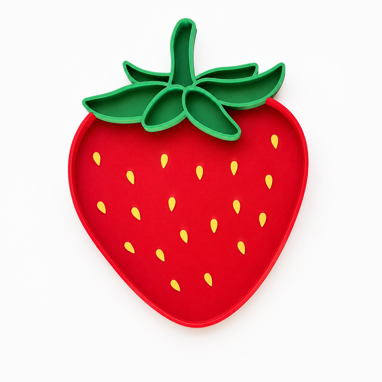 Red strawberry-shaped sensory tray with green leaves on a white background