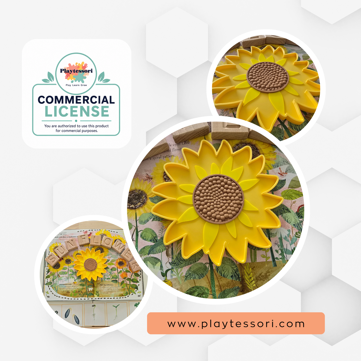 Sunflower tray STL file with commercial license, close-up of petal layers and textured seed center