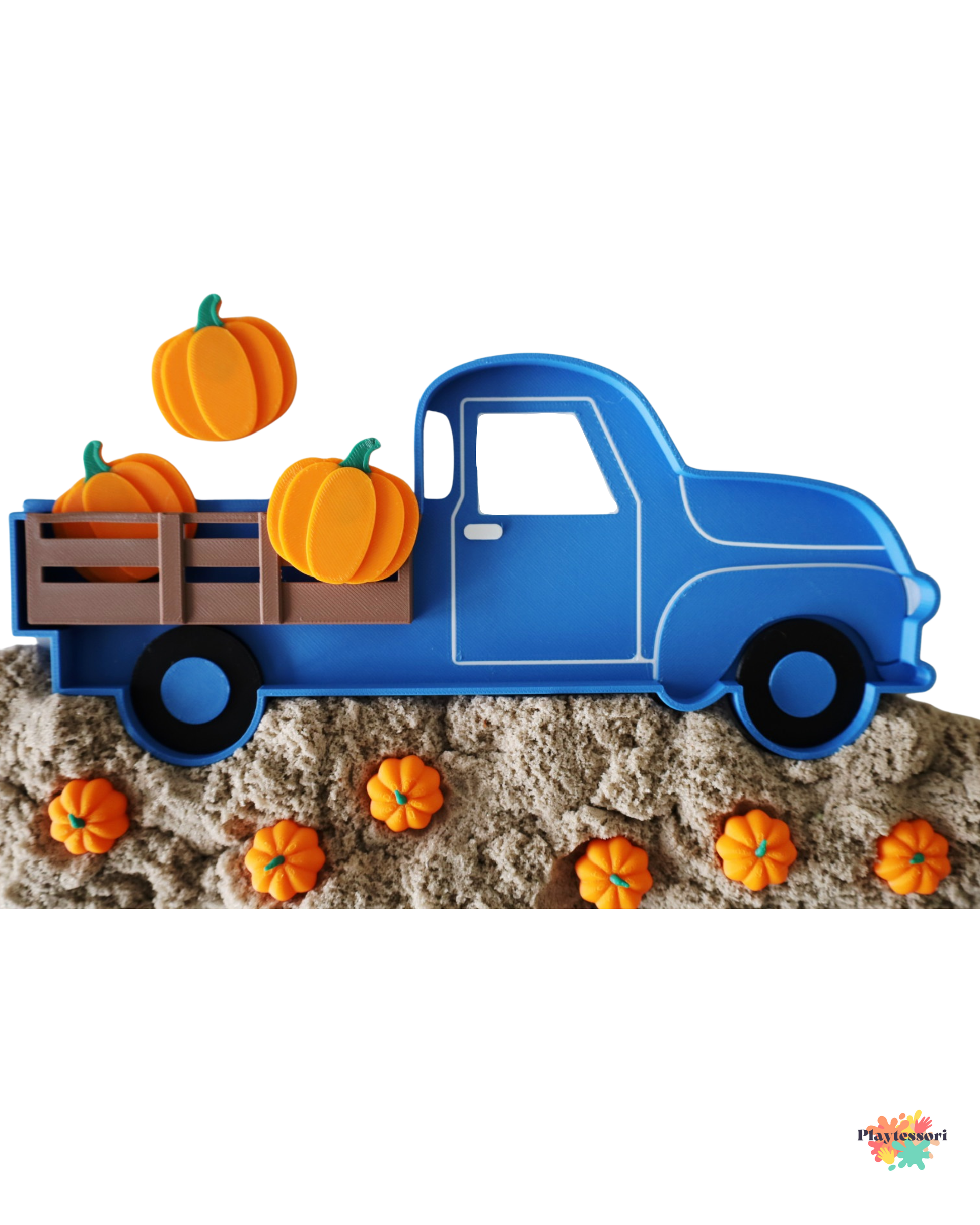 Blue vintage truck sensory tray carrying pumpkins, designed for autumn farm-themed sensory and small world play.